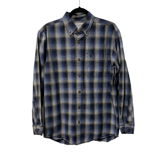 CARHARTT SHIRT BUTTON DOWN PLAID MENS M LOGO WORKWEAR CASUAL 100% COTTON BLUE - Picture 1 of 10